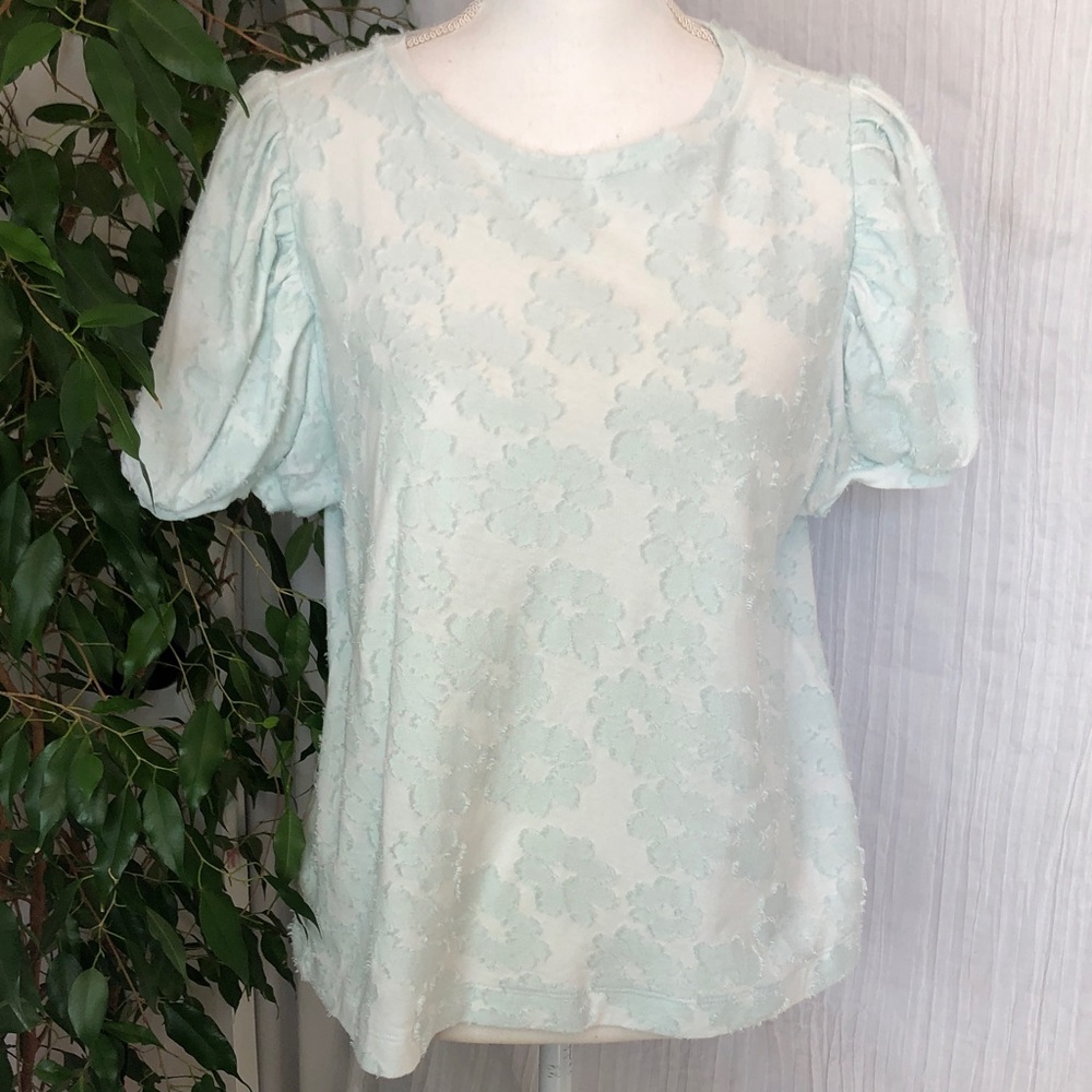 LOFT Size L seafoam green lace puffy short sleeve crew neck dressy top NWT